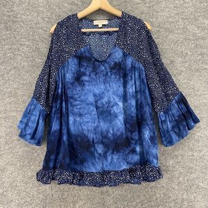Weekend Blouse Women M Medium Blue Colorblock V-Neck Cold Shoulder 3/4 Sleeve